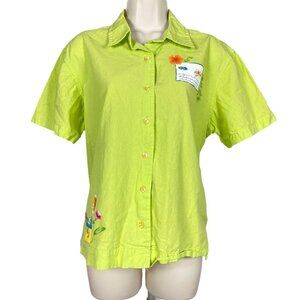 Womens Erika Sz L Green Short Sleeve Button Up Blouse